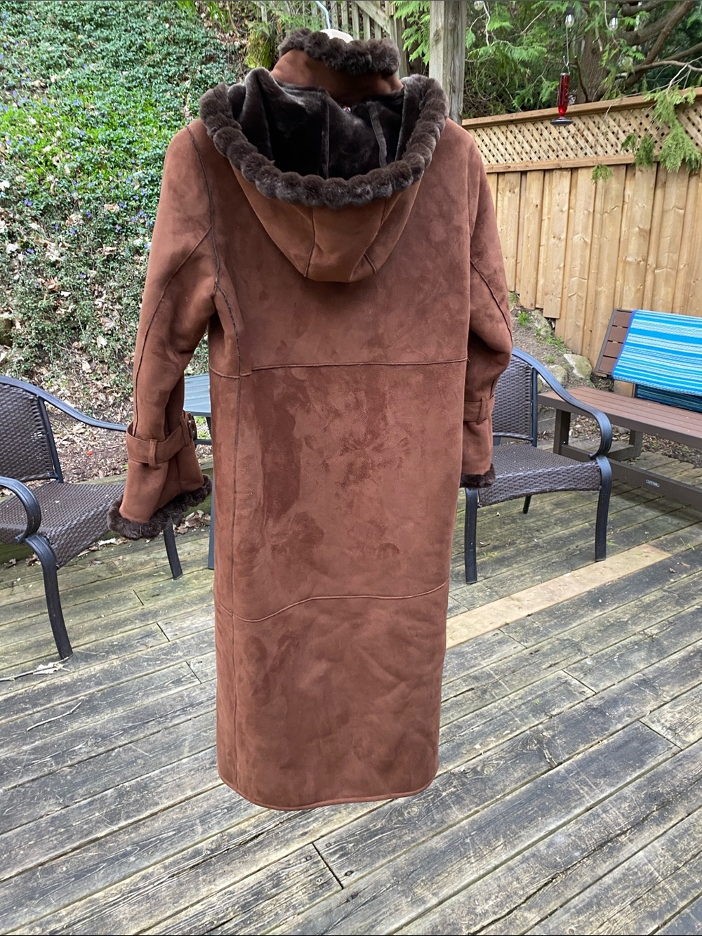Brown Faux-Suede Long Coat with Faux-Fur Trim, Faux Fur Lining, Removable Hood. - Picture 2 of 9